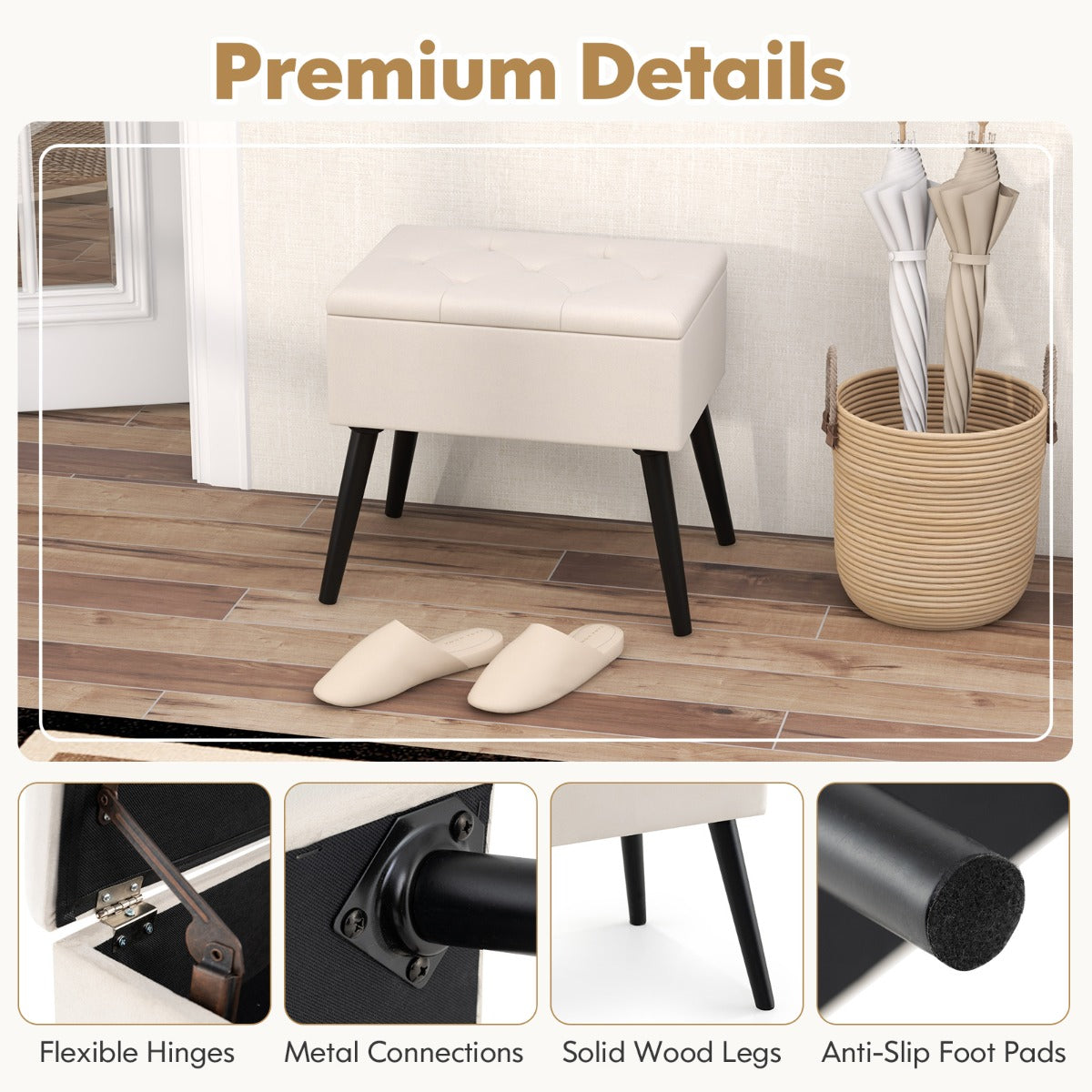 LIVSK Luxe Fluwelen Opbergkruk - Ondersteunend Zitkussen - Handige Opbergruimte - Tot 150 kg - Moderne Elegantie - Beige