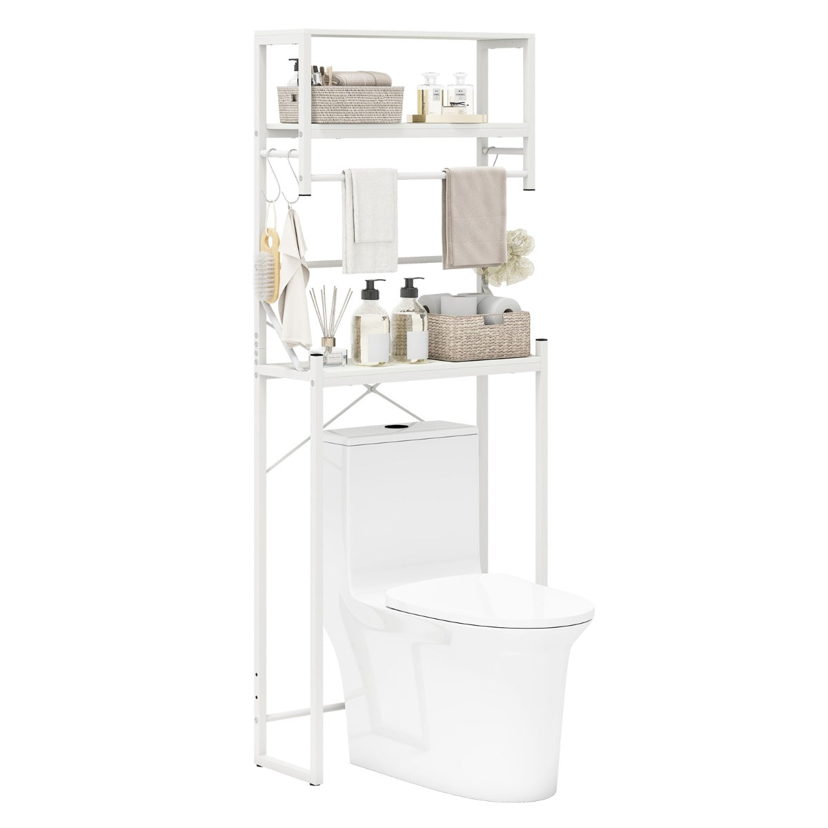 Livsk costway opbergrek boven het toilet 3 traps toiletrek met handdoekhouder haken en verstelbare onderstang 64 x 24 x 162 cm wit 1 1