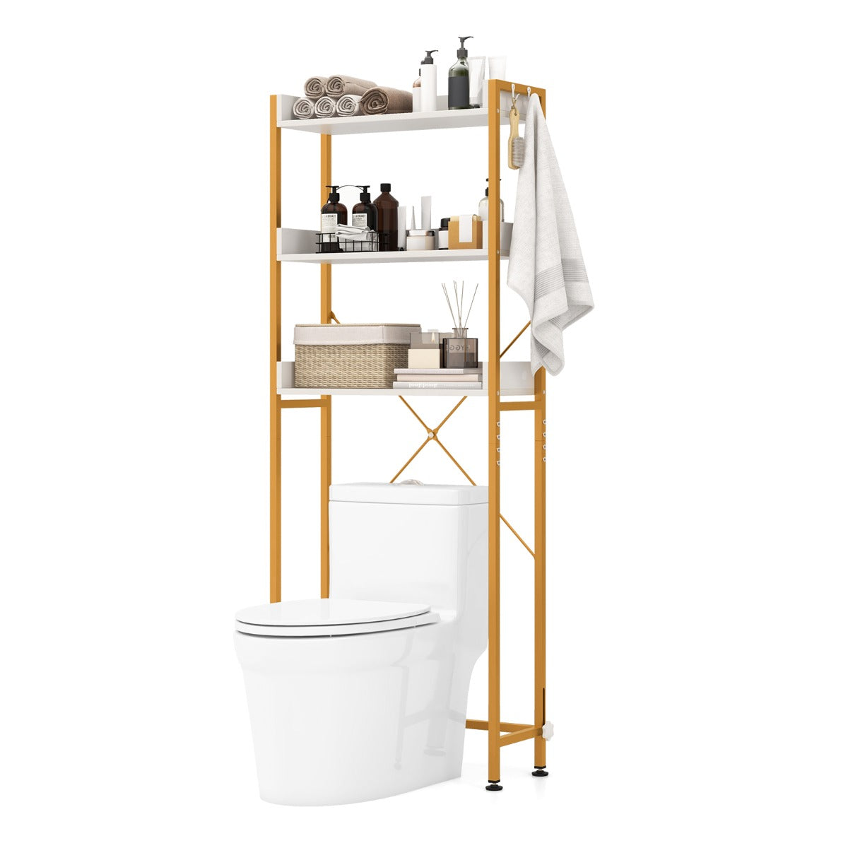 LIVSK Verstelbaar Opbergrek Boven Toilet - 3 Open Planken - 4 Haken - Sterk en Stabiel - 63 x 24 x 164 cm - Rustiek bruin