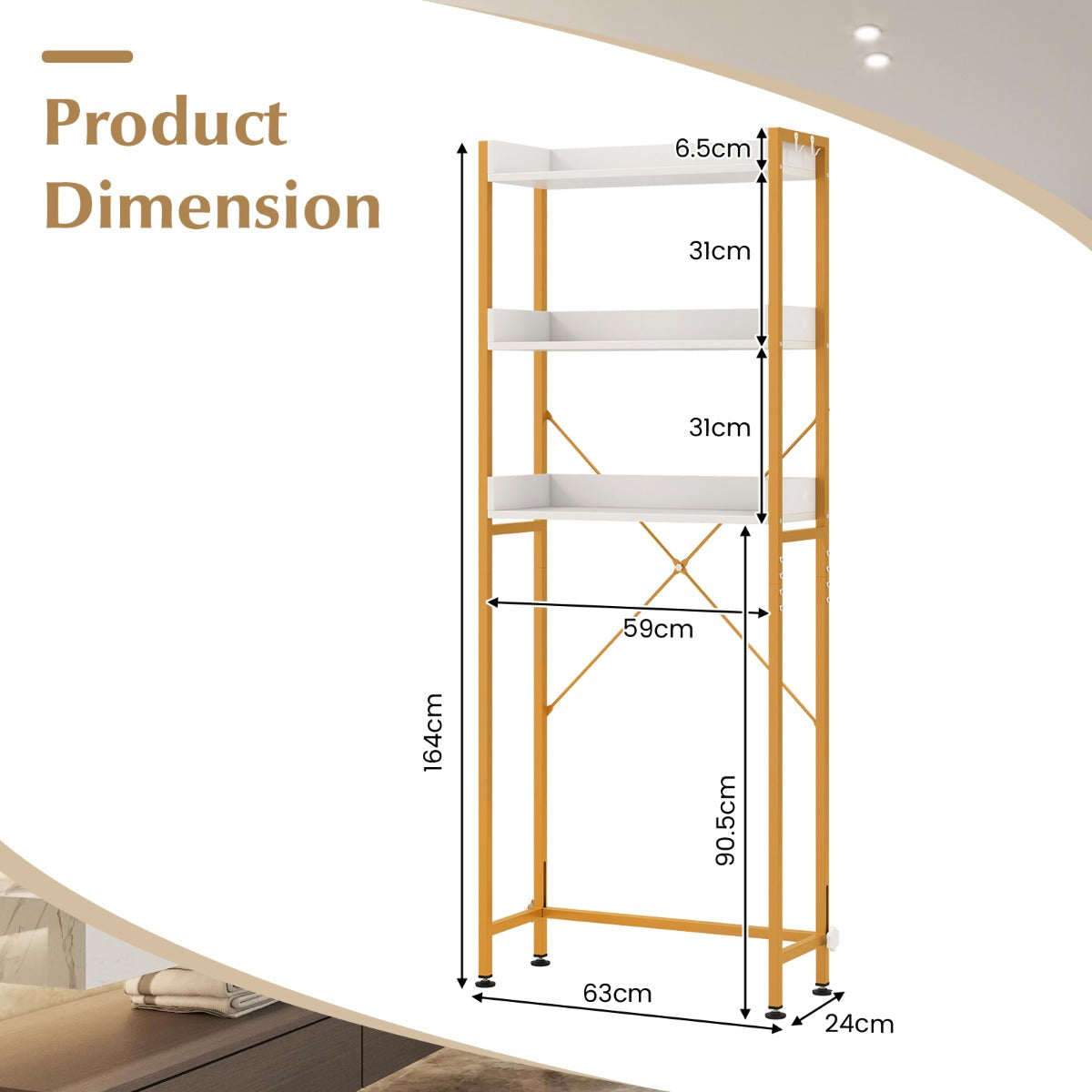 LIVSK Verstelbaar Opbergrek Boven Toilet - 3 Open Planken - 4 Haken - Sterk en Stabiel - 63 x 24 x 164 cm - Rustiek bruin