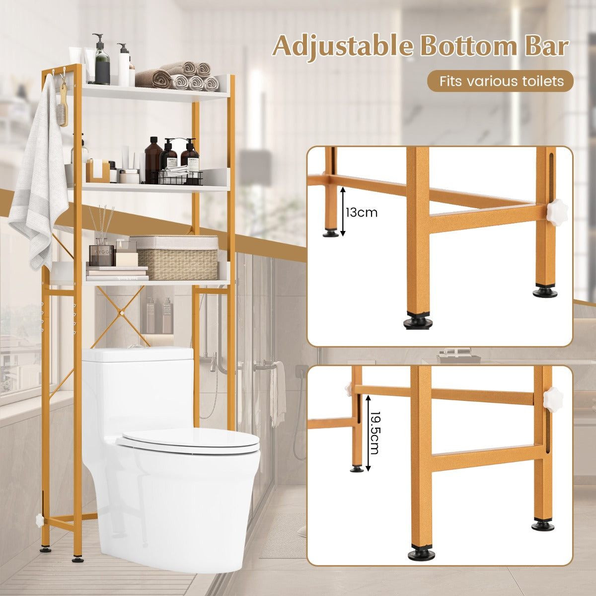 LIVSK Verstelbaar Opbergrek Boven Toilet - 3 Open Planken - 4 Haken - Sterk en Stabiel - 63 x 24 x 164 cm - Rustiek bruin