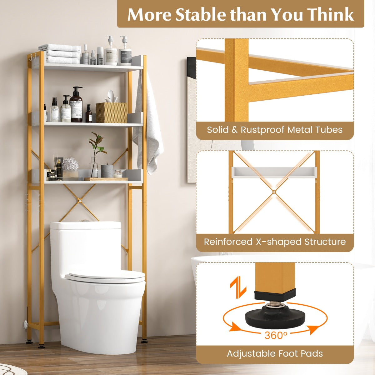 LIVSK Verstelbaar Opbergrek Boven Toilet - 3 Open Planken - 4 Haken - Sterk en Stabiel - 63 x 24 x 164 cm - Rustiek bruin