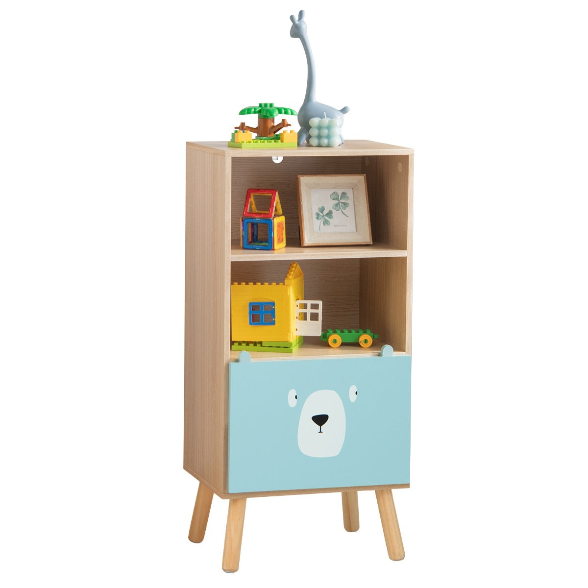 LIVSK Opbergplank voor Kinderen - 3 Verdiepingen - Grote Lade - Hoogwaardig MDF - Anti-Kantelbeveiliging - Natuurlijk+Blauw
