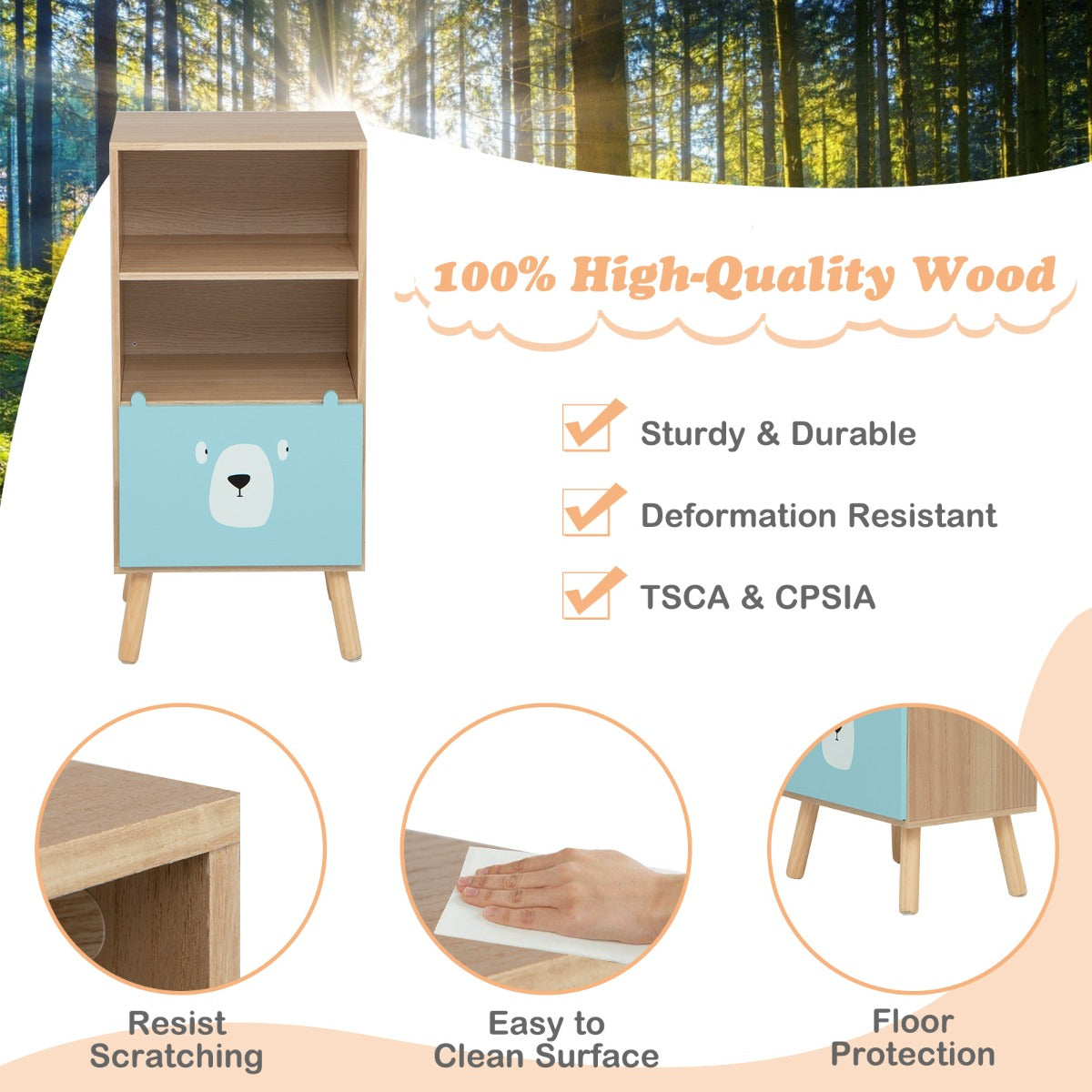 LIVSK Opbergplank voor Kinderen - 3 Verdiepingen - Grote Lade - Hoogwaardig MDF - Anti-Kantelbeveiliging - Natuurlijk+Blauw
