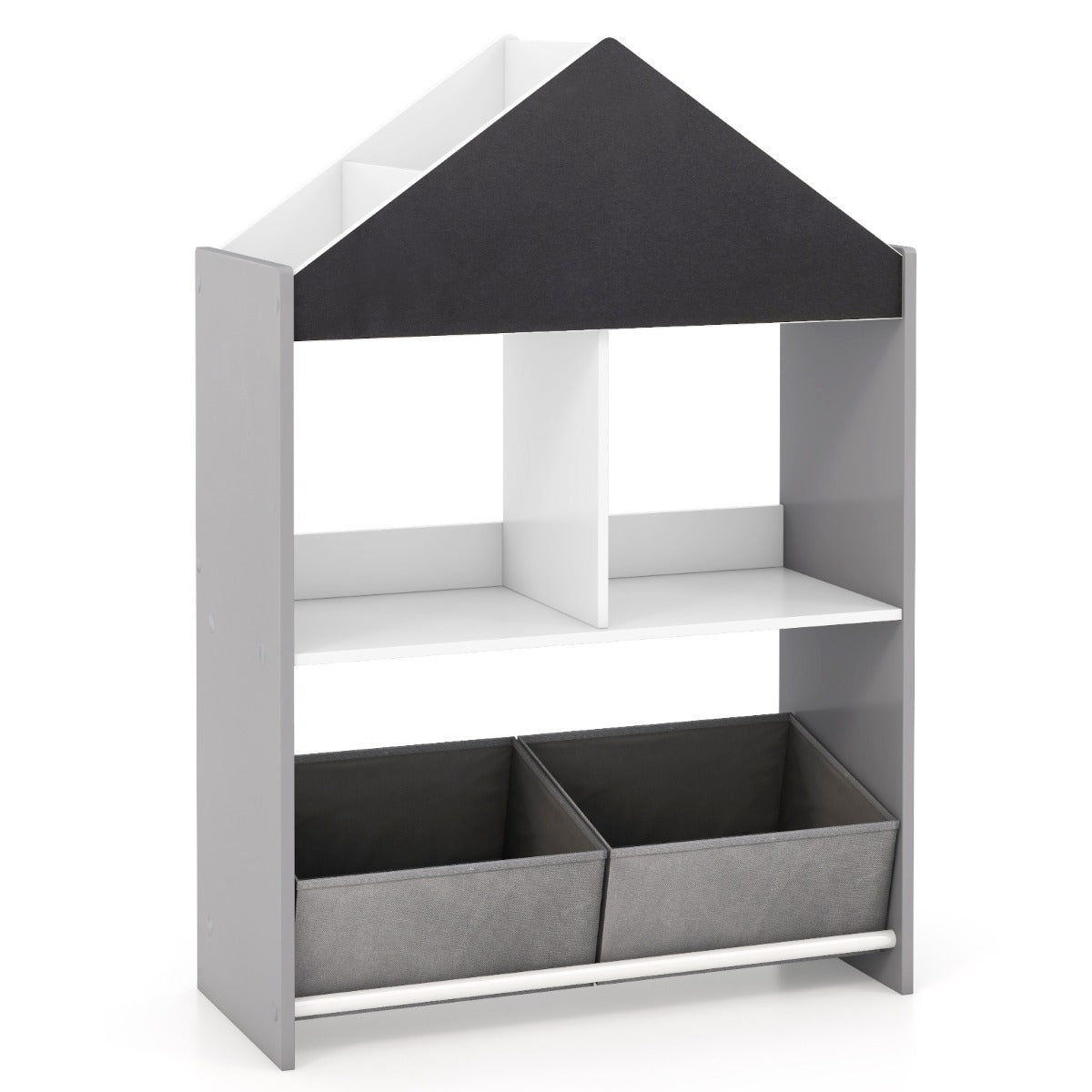 LIVSK Kinderboekenkast Poppenhuis - 4 Vakken, 2 Lades - Krijtbord en Whiteboard - Veilig en Creatief - 63 x 27 x 90 cm -