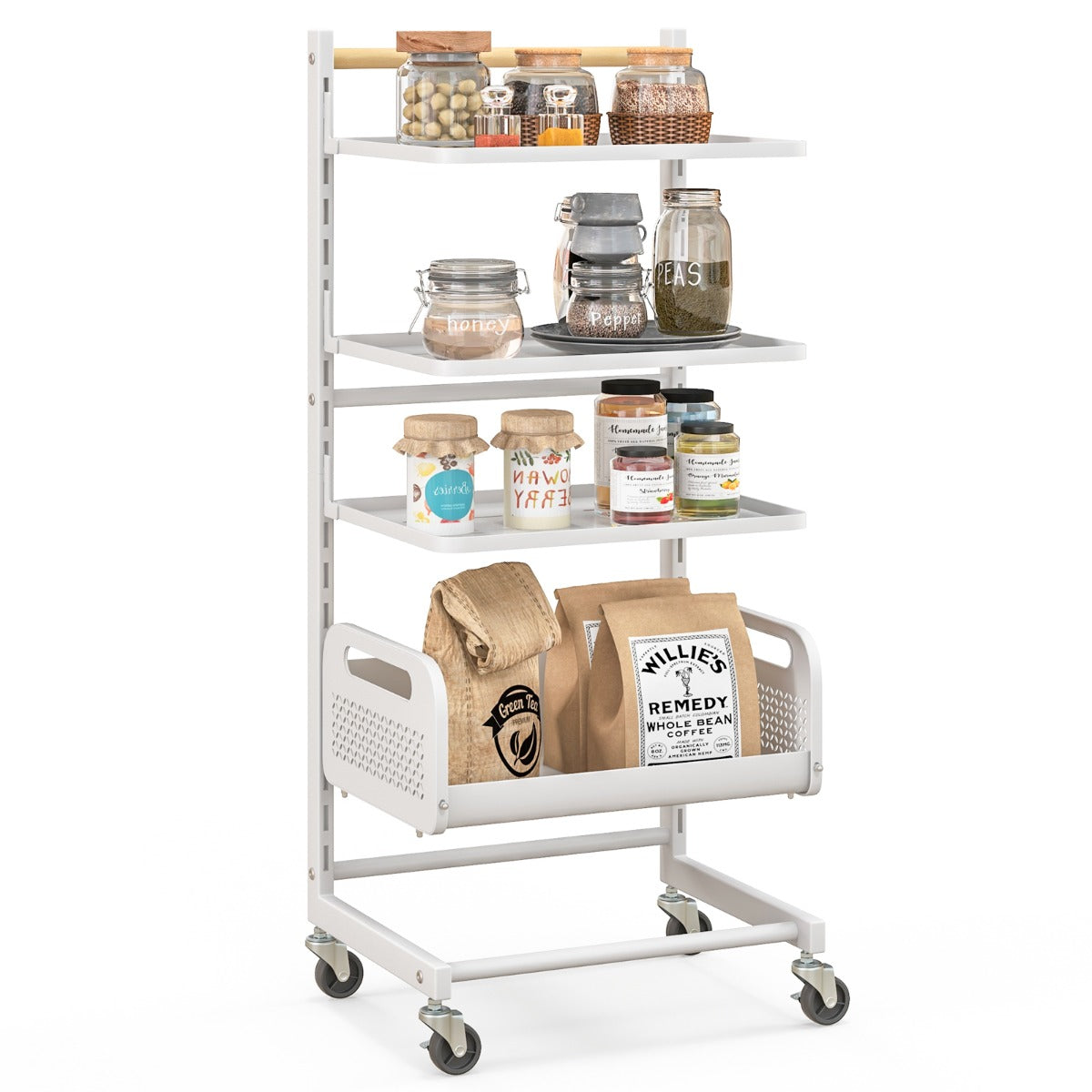 LIVSK Metalen Opbergtrolley - 4 Verdiepingen met Verstelbare Planken - 360° Zwenkwielen - Luchtdoorlatende Gaasmand - Wit