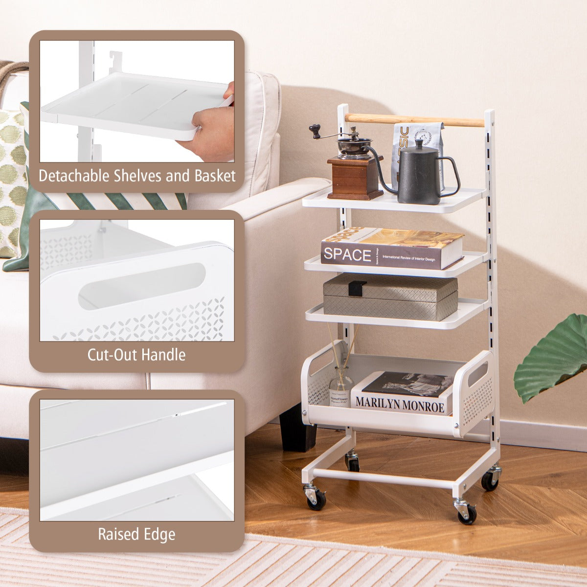 LIVSK Metalen Opbergtrolley - 4 Verdiepingen met Verstelbare Planken - 360° Zwenkwielen - Luchtdoorlatende Gaasmand - Wit