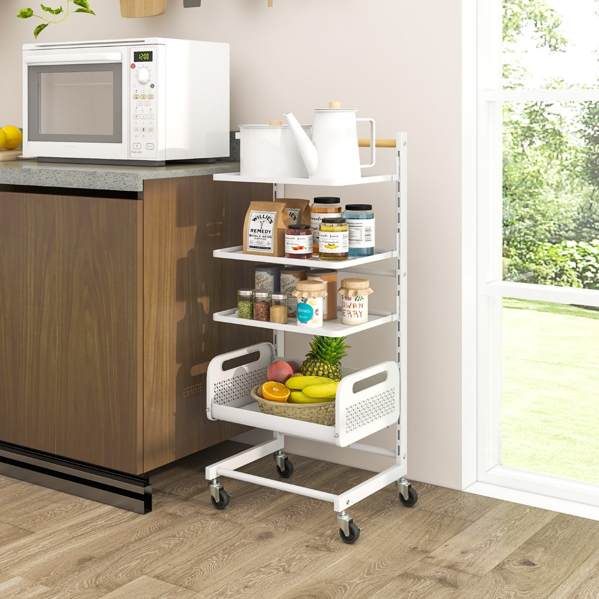 LIVSK Metalen Opbergtrolley - 4 Verdiepingen met Verstelbare Planken - 360° Zwenkwielen - Luchtdoorlatende Gaasmand - Wit