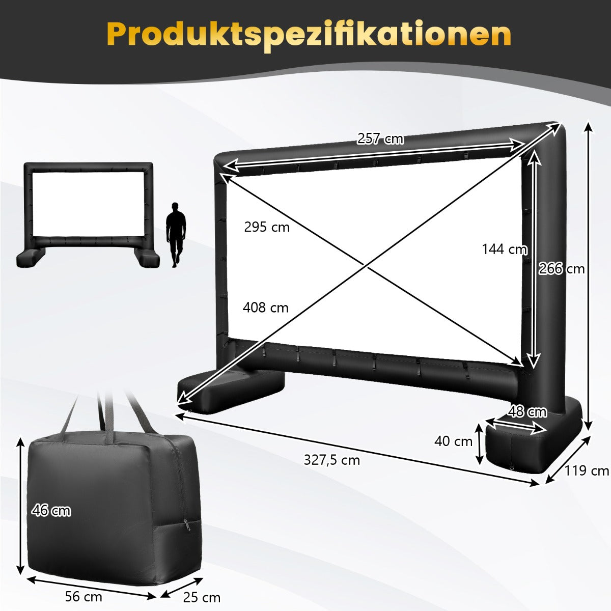 LIVSK Opblaasbaar Projectiescherm - Dubbelzijdig HD - Weerbestendig Oxford-stof - Inclusief Ventilator en Grondpennen - 257 x 144
