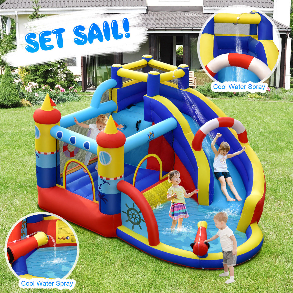 LIVSK Opblaasbaar Springkasteel met Waterglijbaan - Peuterbad - Klimmuur - Veiligheidsnet - Voor 3 Kinderen - 360 x 290 x 200 cm