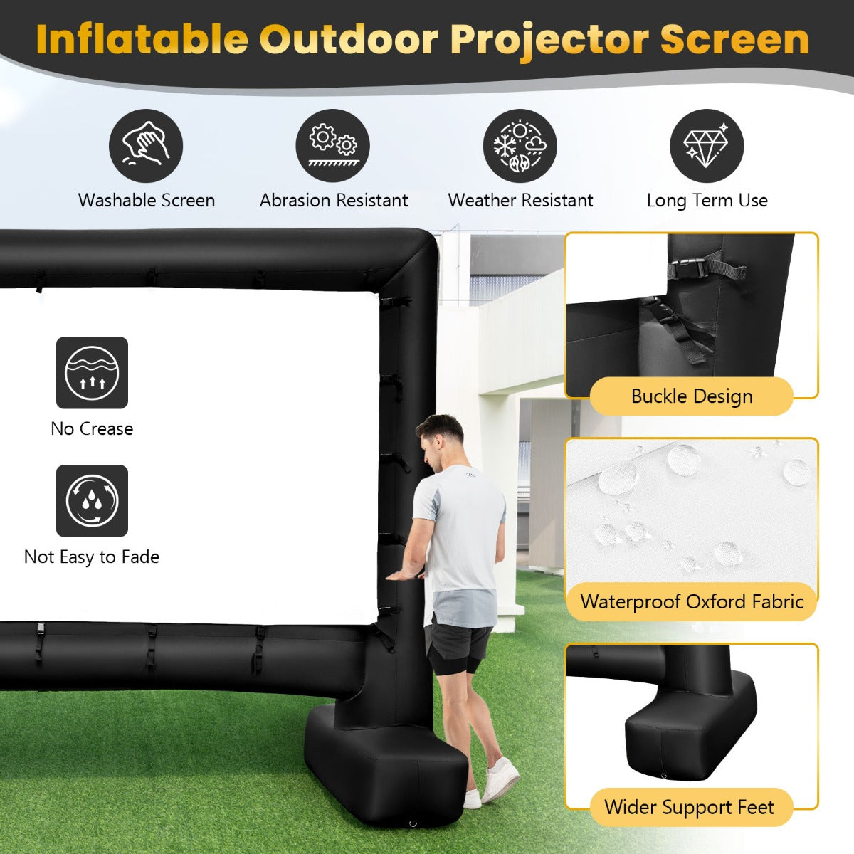 LIVSK Opblaasbaar Projectiescherm - Dubbelzijdig HD 16:9 - Weerbestendig Oxford - Snelle Installatie met Ventilator - Zwart + Wit