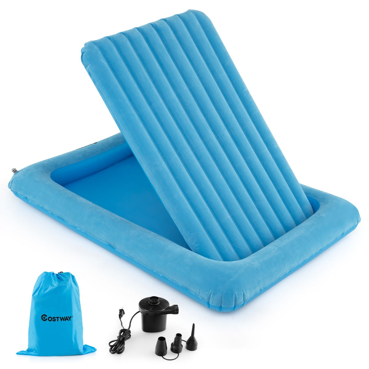 Livsk costway opblaasbaar reisbed voor peuters draagbaar luchtbed voor kinderen verhoogde bedranden dubbelzijdige matras voor kinderkamer reizen blauw 1 1