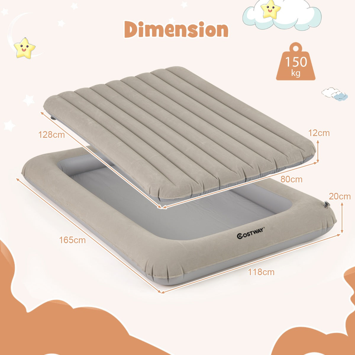 LIVSK Draagbare Opblaasbare Kindermattenset - Elektrische Pomp - Dubbelzijdig Matras - Opbergtas - Tot 150 kg - Grijs/Blauw