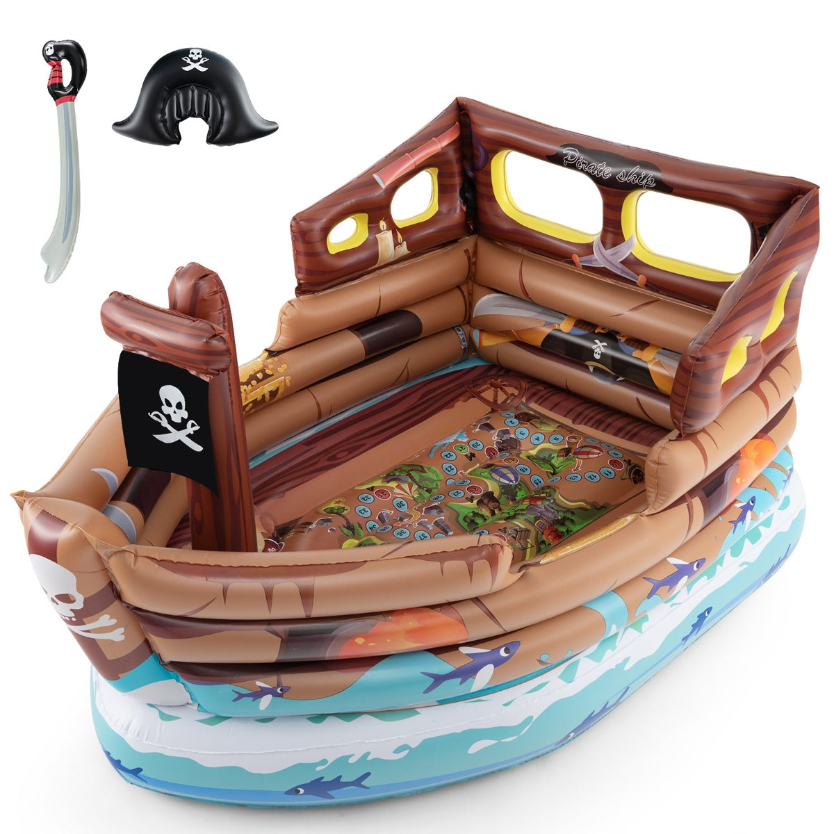 Livsk costway opblaasbaar speelgoed in de vorm van een piratenschip met zwaard hoed opblaasbare boot met ingebouwde motor schatkaart