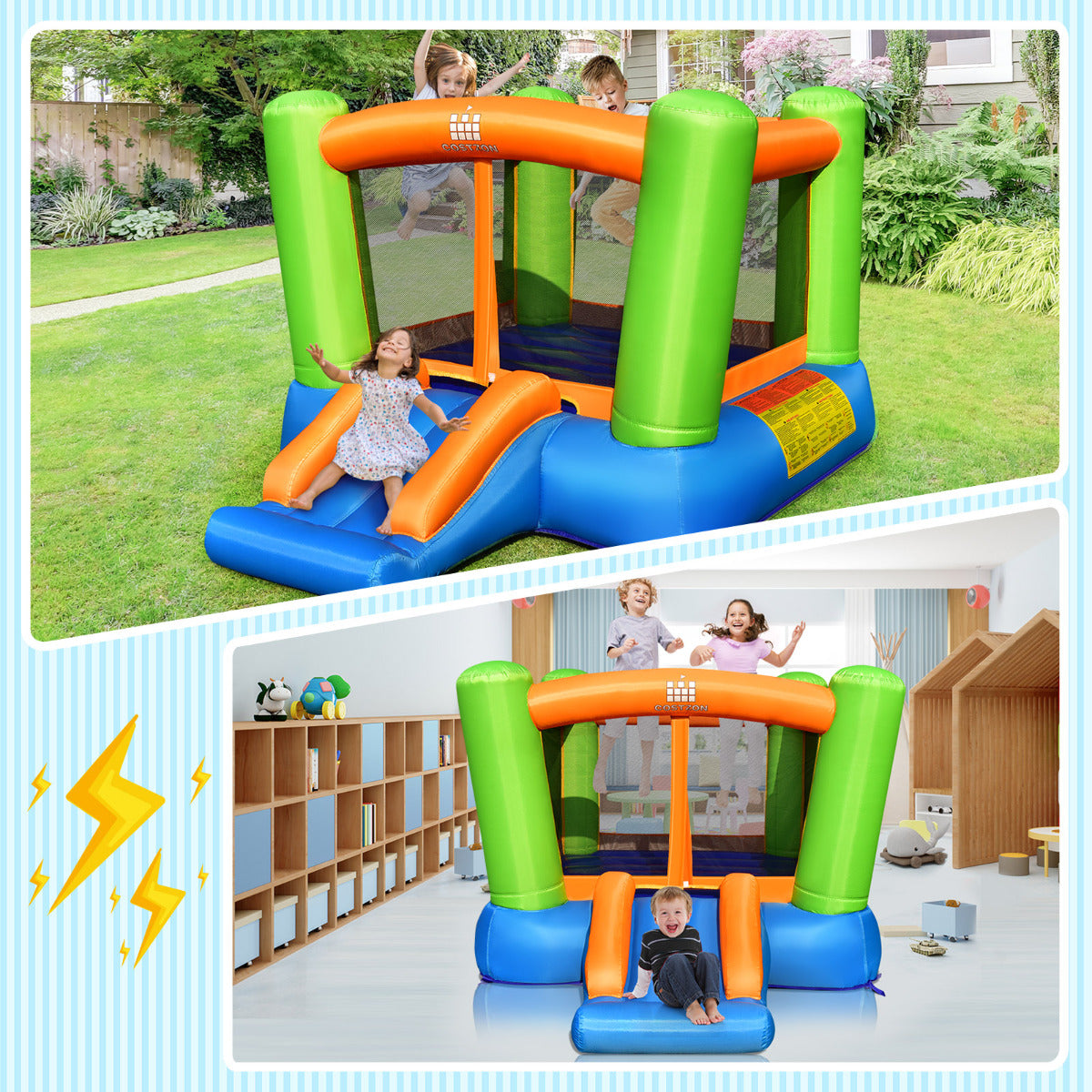LIVSK Opblaasbaar Springkasteel - Groot Springgedeelte - Brede Glijbaan - Duurzaam Oxford Doek - Voor 3 Kinderen - 250 x 197 x
