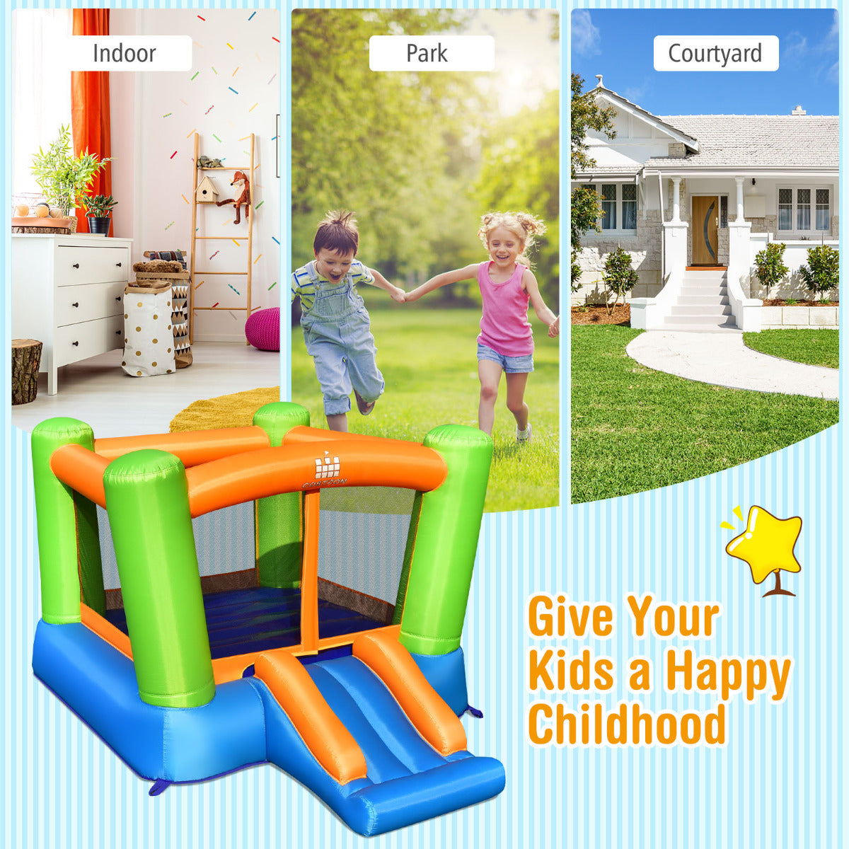 LIVSK Opblaasbaar Springkasteel - Groot Springgedeelte - Brede Glijbaan - Duurzaam Oxford Doek - Voor 3 Kinderen - 250 x 197 x