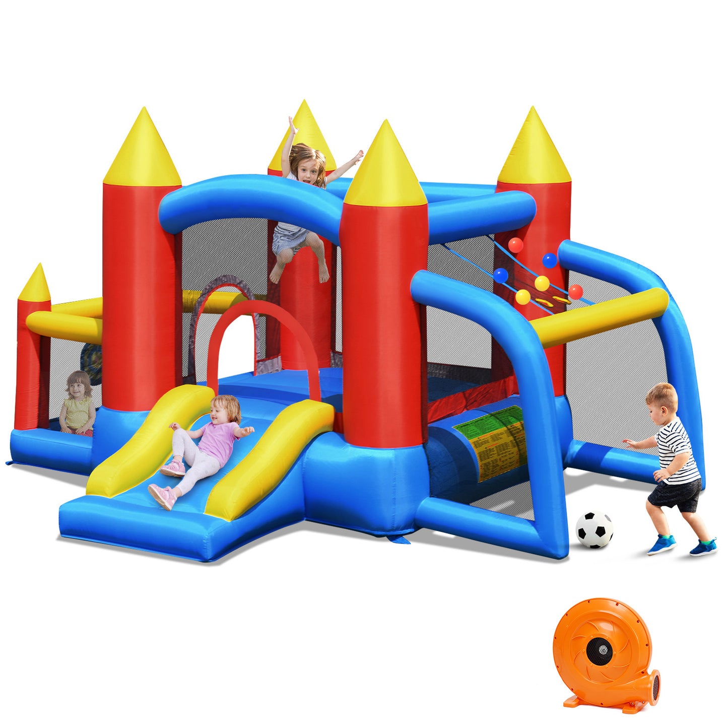 LIVSK Opblaasbaar Springkasteel met Glijbaan en Voetbaldoel - Veilige Oxford-stof - Voor 4 Kinderen - 350 x 275 x 196 cm -