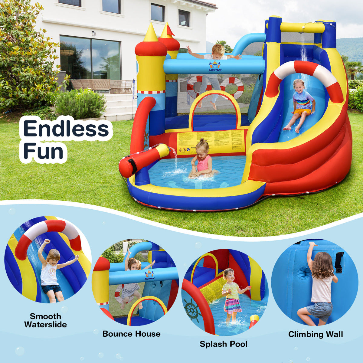 LIVSK Opblaasbaar Springkasteel met Waterglijbaan - Inclusief Peuterbad en Klimwand - Voor 4 Kinderen - 360 x 290 x 200 cm -
