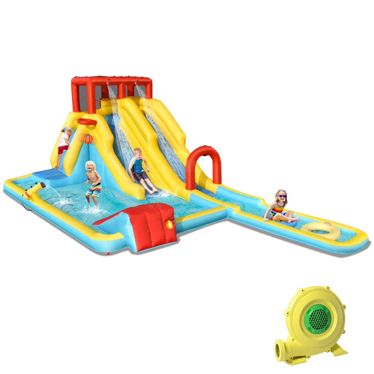 LIVSK Opblaasbaar Springkasteel met Ventilator - Glijbanen - Zwembad - Basketbalmand - Klimwand - Voor 3 Kinderen - Blauw