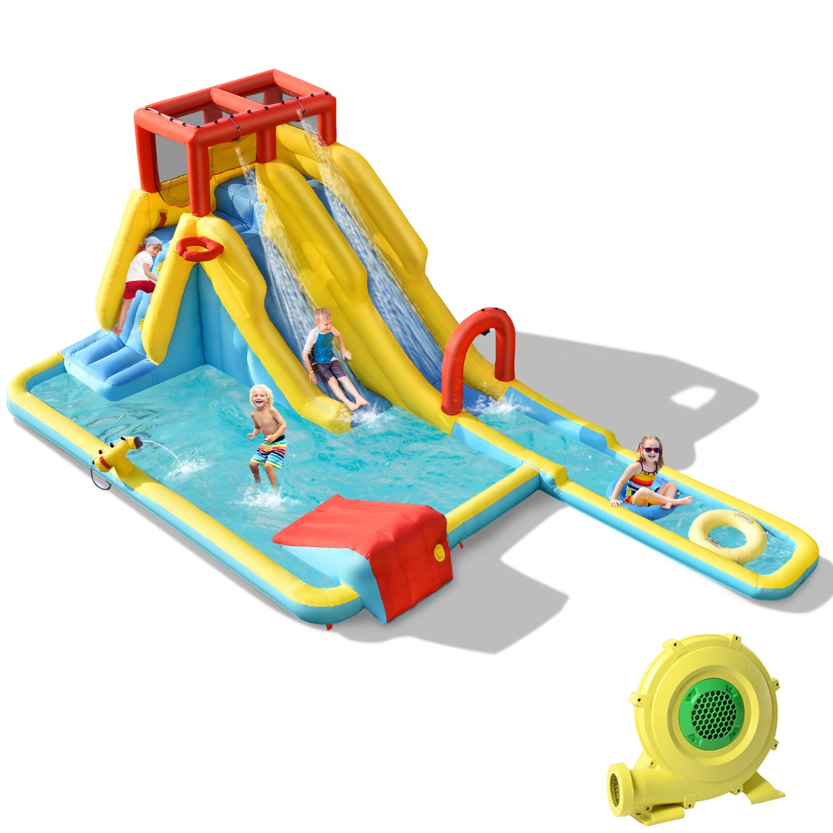 LIVSK Opblaasbaar Springkasteel met Ventilator - Glijbanen - Zwembad - Basketbalmand - Klimwand - Voor 3 Kinderen - Blauw