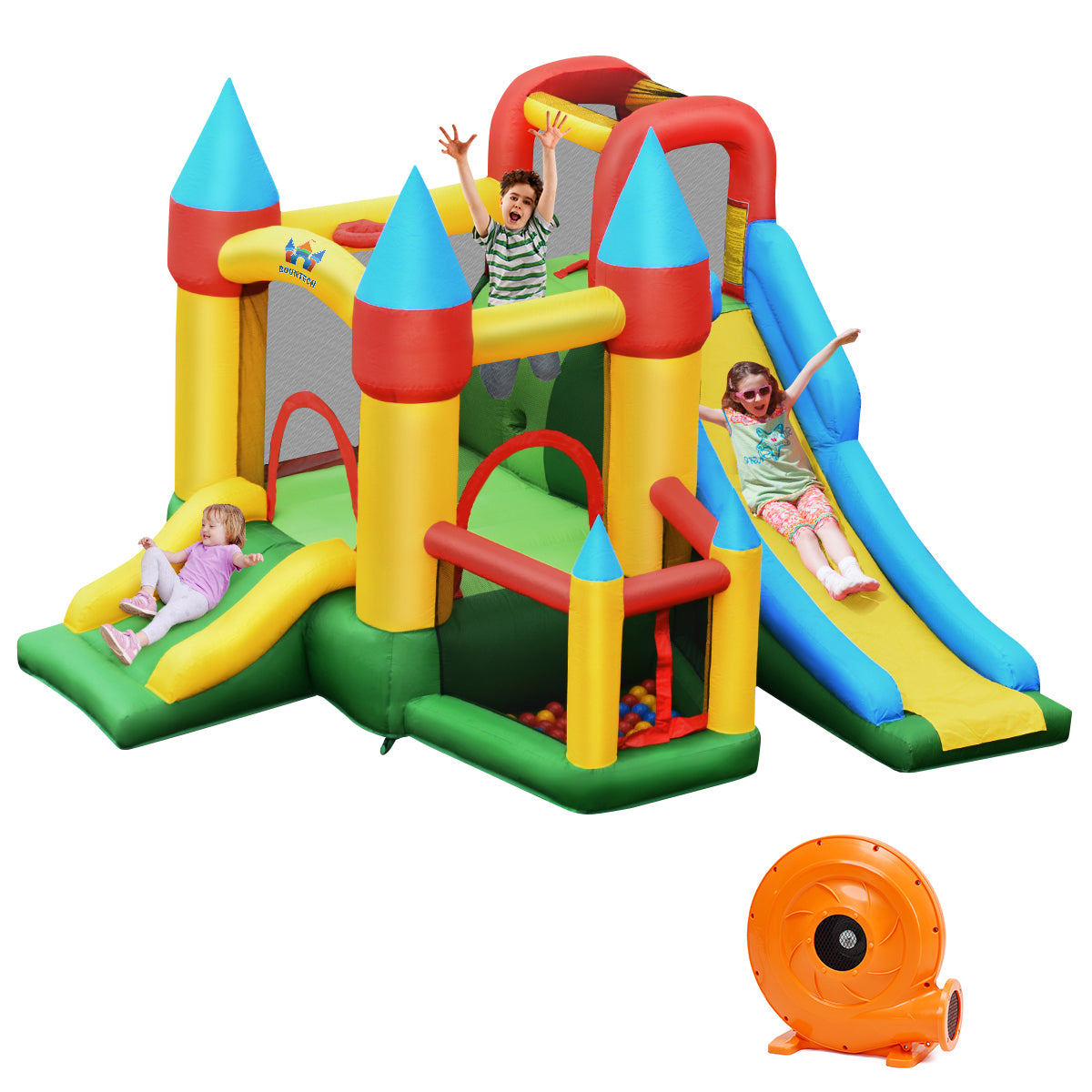 Livsk costway opblaasbaar springkasteel met 780w luchtblazer 2 glijbanen springkasteel voor kinderen 330 x 300 x 210 cm kleurrijk