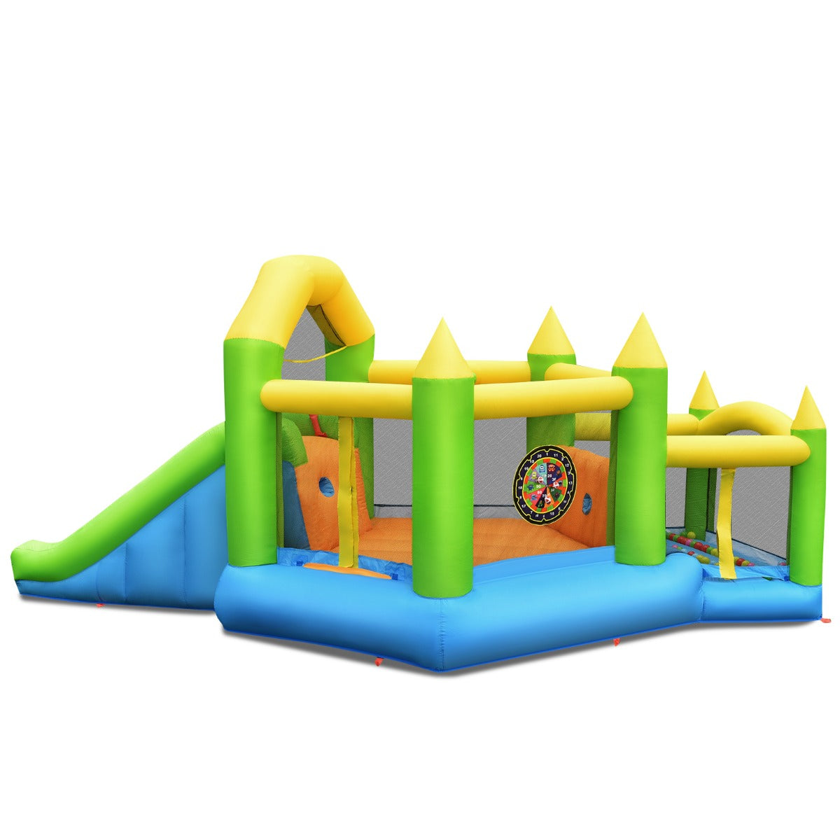 LIVSK Opblaasbaar Springkasteel met Glijbaan en Basketbalring - Duurzaam Oxford - Voor 3 Kinderen - 477 x 241 x 208 cm -