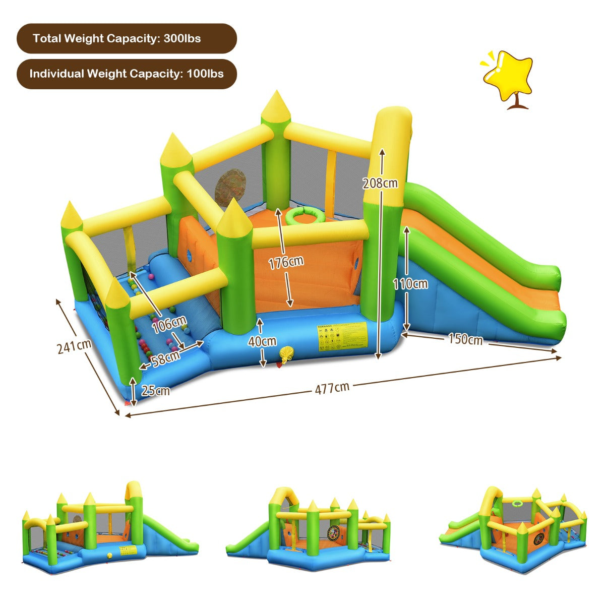 LIVSK Opblaasbaar Springkasteel met Glijbaan en Basketbalring - Duurzaam Oxford - Voor 3 Kinderen - 477 x 241 x 208 cm -