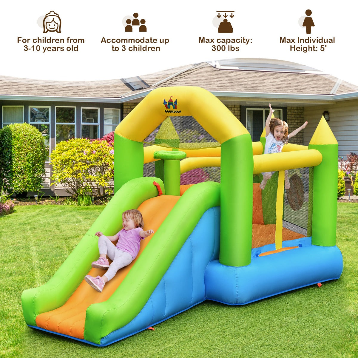 LIVSK Opblaasbaar Springkasteel met Glijbaan en Basketbalring - Duurzaam Oxford - Voor 3 Kinderen - 477 x 241 x 208 cm -