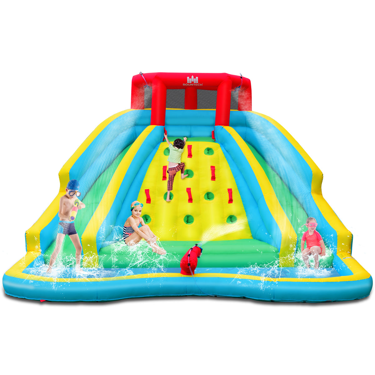 LIVSK Opblaasbaar Waterglijpark - 2 Glijbanen - Klimwand - Waterkanon - Veiligheidsnet - Voor 3-10 jaar - 518 x 366 x 229 cm -