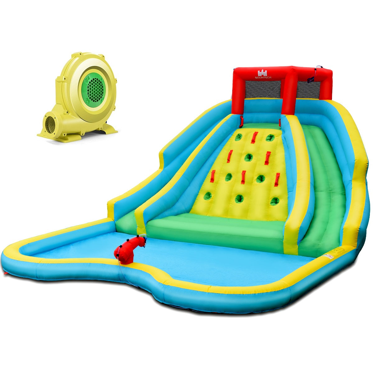 LIVSK Opblaasbaar Waterpark - 2 Glijbanen, Klimwand, Waterkanon - Duurzaam Oxford - Inclusief Accessoires - 518 x 366 x 229 cm -