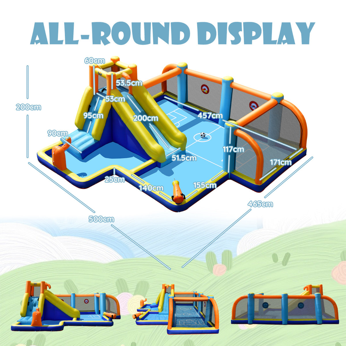 LIVSK Opblaasbare Waterglijbaan - Voor Binnen en Buiten - Inclusief Luchtblazer en Voetbal - Geschikt voor 5 Kinderen - 465 x 500