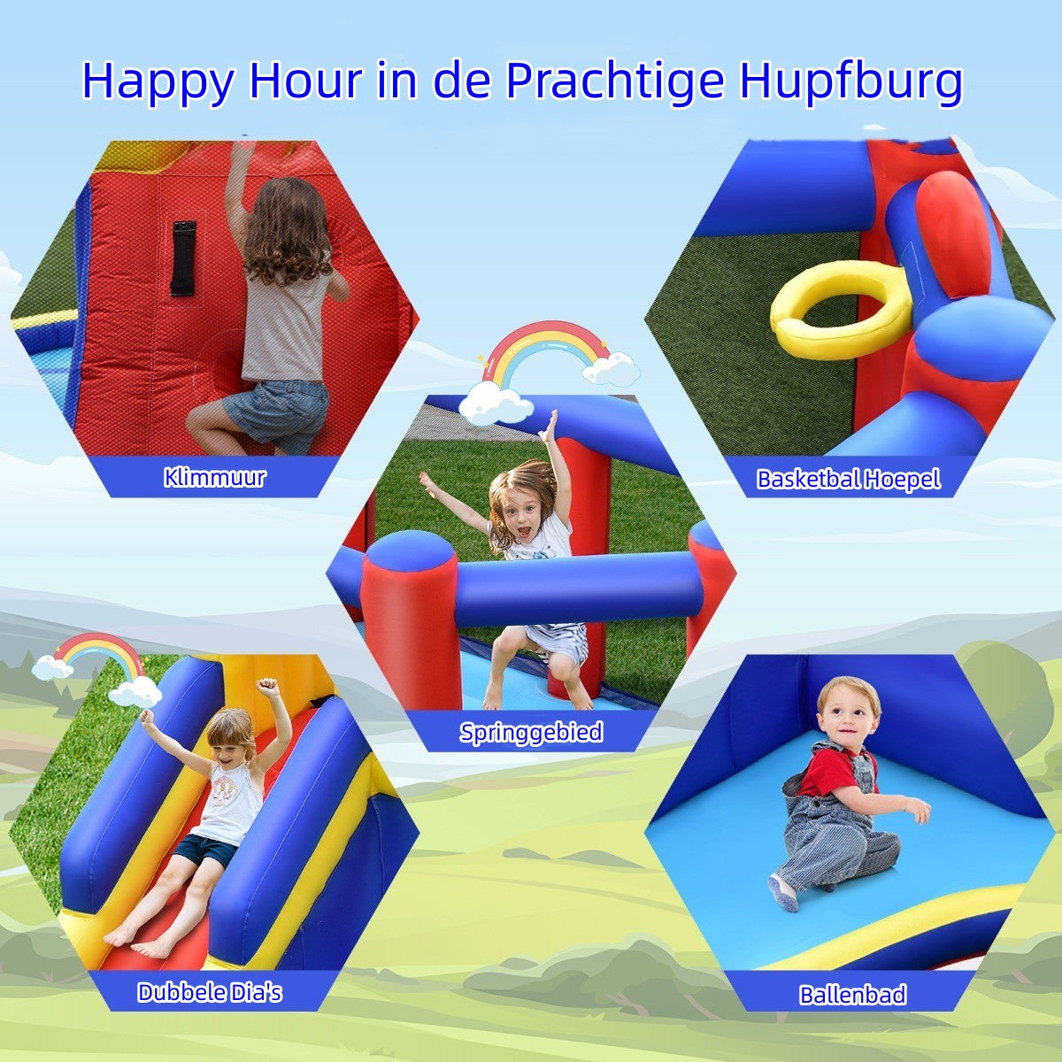 Livsk costway opblaasbaar springkasteel reusachtig springkasteel met lange glijbaan voor kleurrijke verjaardagsfeestjes in de achtertuin 4