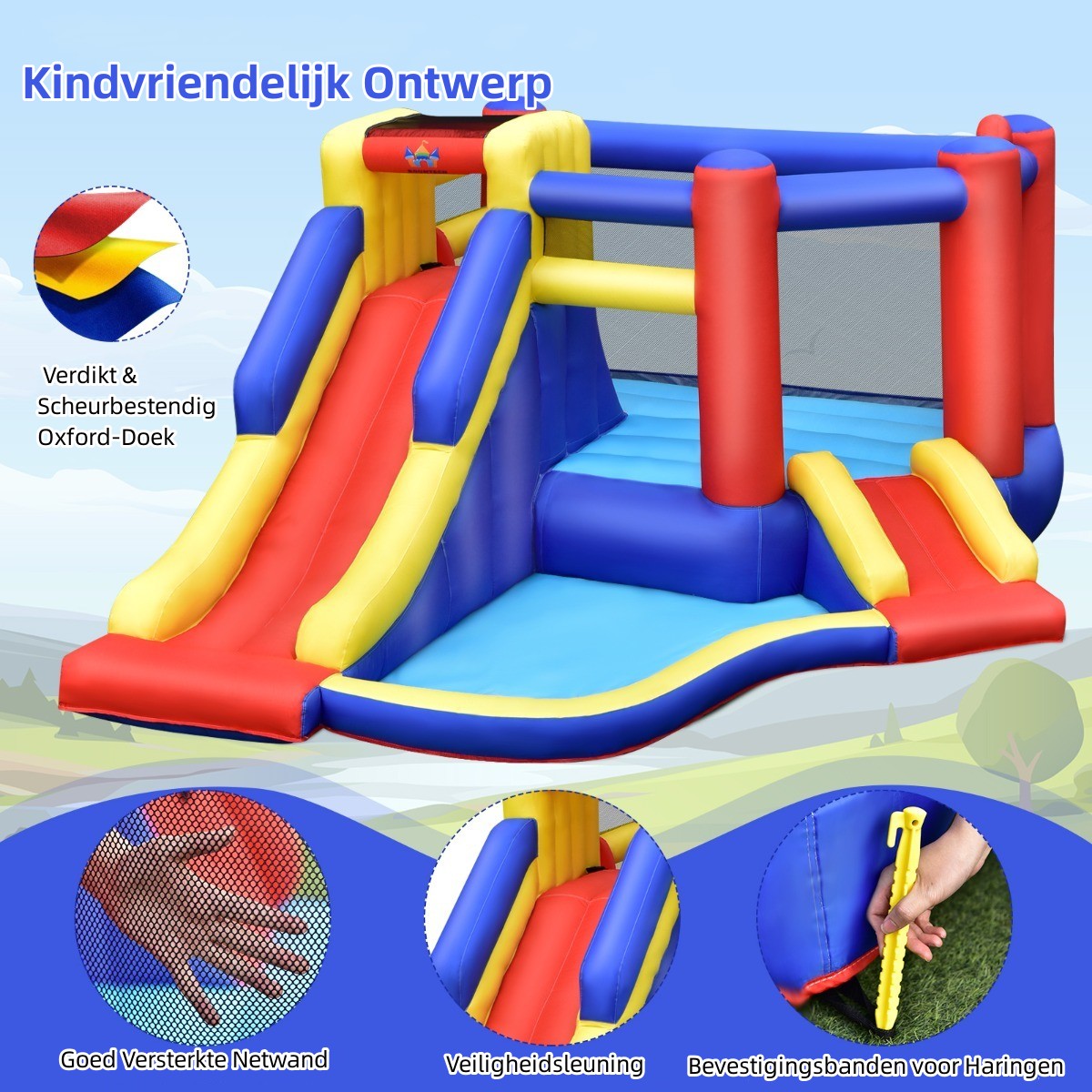 Livsk costway opblaasbaar springkasteel reusachtig springkasteel met lange glijbaan voor kleurrijke verjaardagsfeestjes in de achtertuin 6