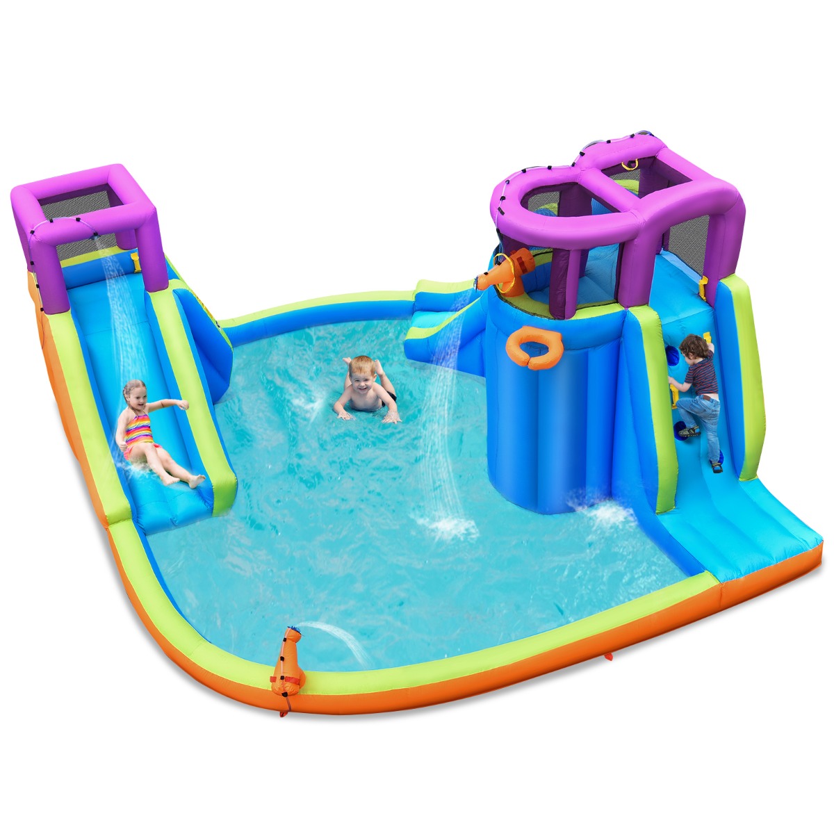 LIVSK Opblaasbaar Waterpark met Glijbaan en Sproeiers - Voor 3 Kinderen - Veilig Oxford-materiaal - Draagvermogen 159 kg - Blauw