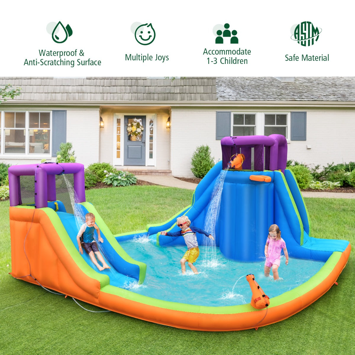 LIVSK Opblaasbaar Waterpark met Glijbaan en Sproeiers - Voor 3 Kinderen - Veilig Oxford-materiaal - Draagvermogen 159 kg - Blauw