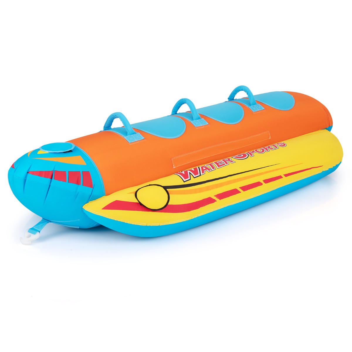 LIVSK Opblaasbare Bananenboot - 3-Persoons - Duurzaam PVC - EVA-Stoelen - Handgrepen - Compact Opvouwbaar - Oranje + Geel