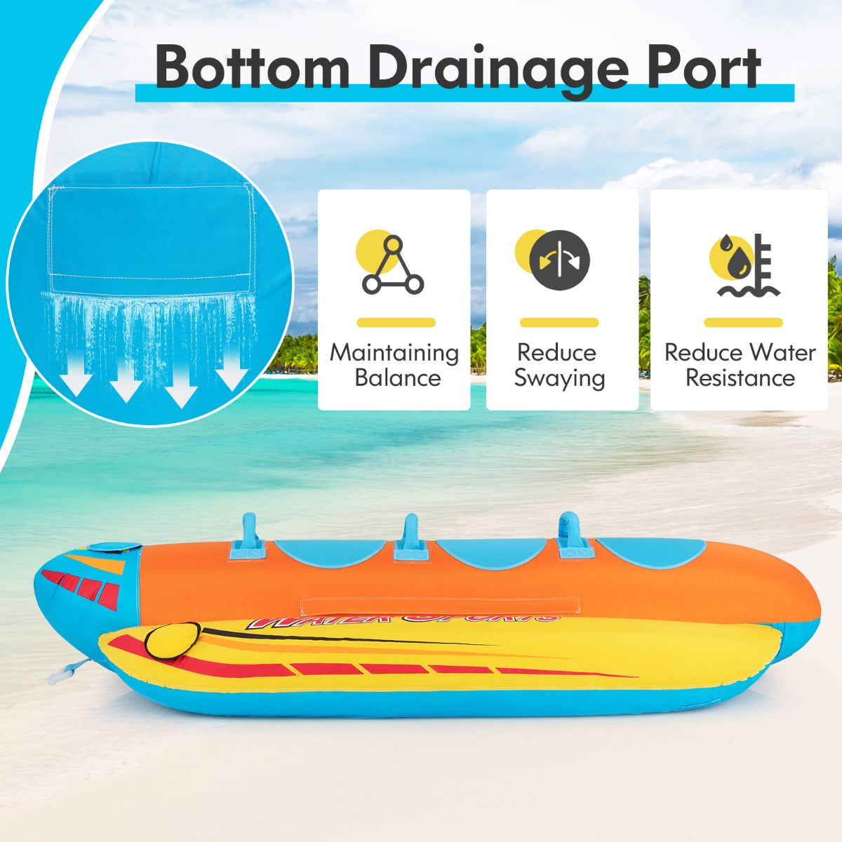 LIVSK Opblaasbare Bananenboot - 3-Persoons - Duurzaam PVC - EVA-Stoelen - Handgrepen - Compact Opvouwbaar - Oranje + Geel