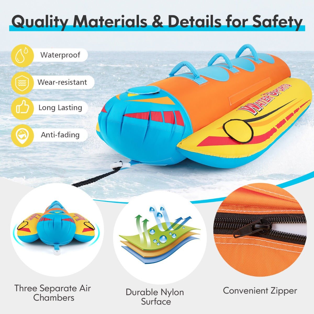 LIVSK Opblaasbare Bananenboot - 3-Persoons - Duurzaam PVC - EVA-Stoelen - Handgrepen - Compact Opvouwbaar - Oranje + Geel