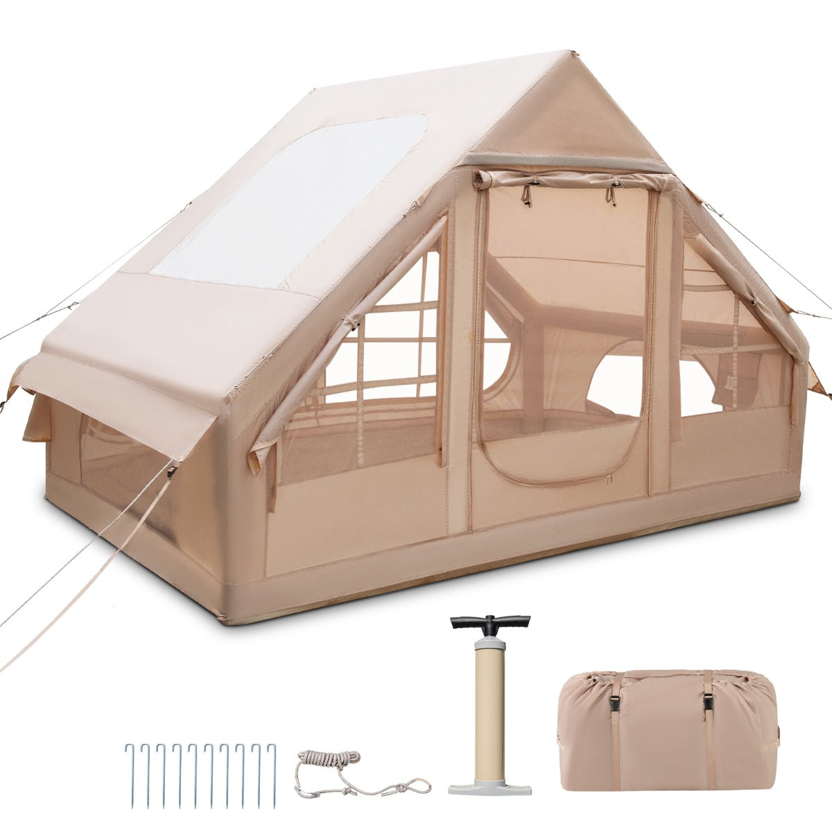 LIVSK 4-seizoenen lucht tent - Opblaasbaar en waterdicht - Voor 4-6 personen - Snelle opzet - 300 x 210 x 200 cm - Beige