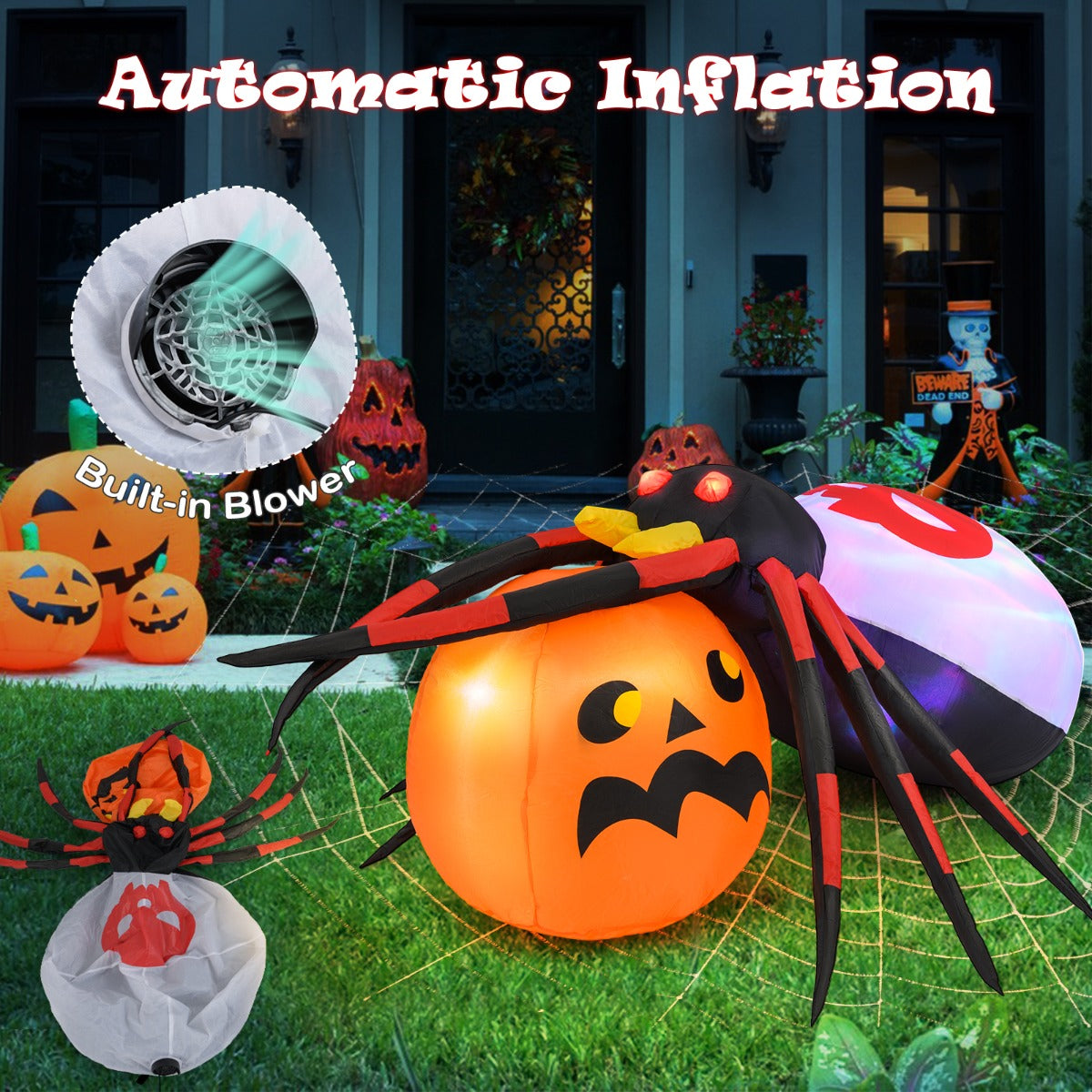 LIVSK Opblaasbare Halloween Decoratie - Levensechte Spin en Pompoen - LED-verlichting - Duurzaam Polyester - 150 x 140 x 55 cm -