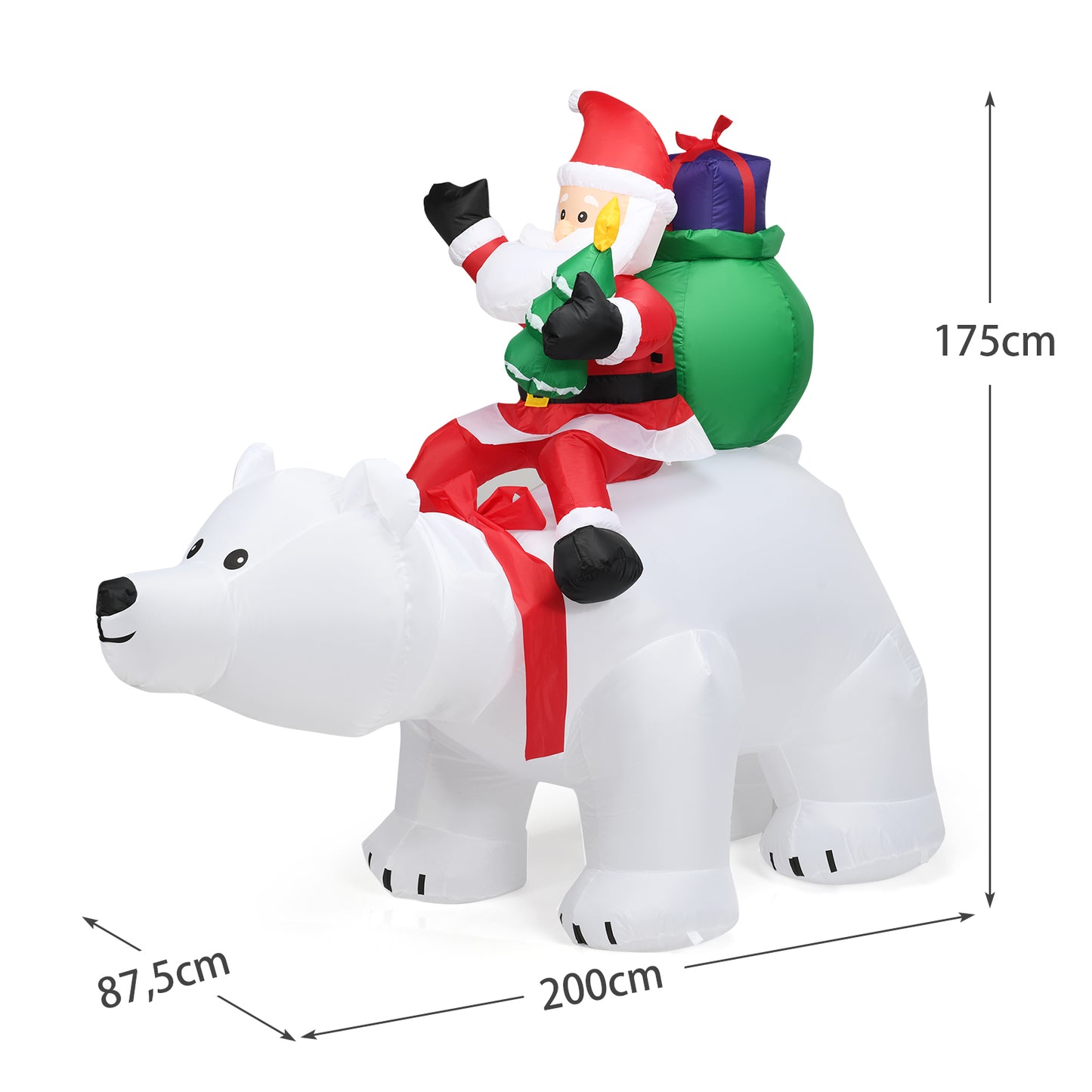 LIVSK Opblaasbare IJsbeer met Kerstman - LED-verlichting - Waterafstotend - Inclusief Ventilator - 200 x 87,5 x 175 cm -