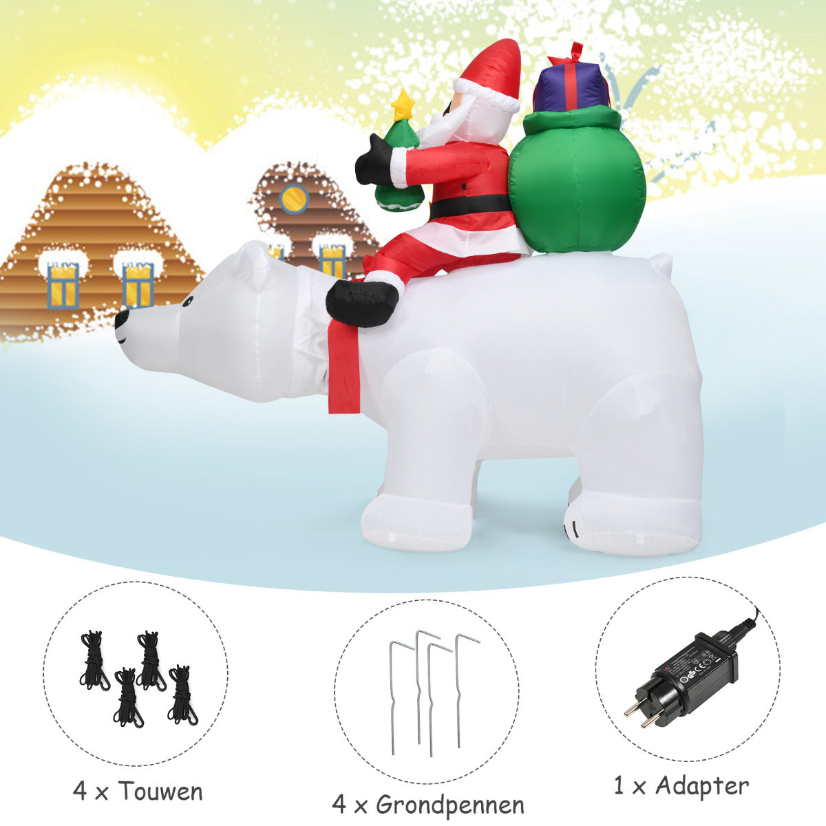 LIVSK Opblaasbare IJsbeer met Kerstman - LED-verlichting - Waterafstotend - Inclusief Ventilator - 200 x 87,5 x 175 cm -