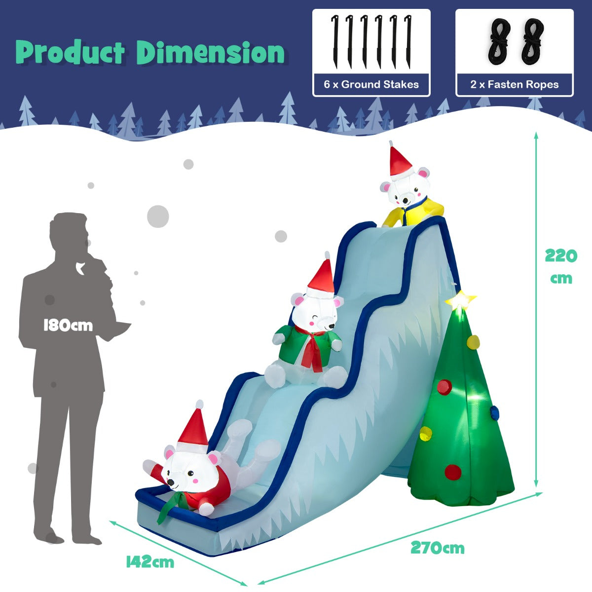 LIVSK Opblaasbare Kerstdecoratie - Drie IJsberen met Kerstboom - LED-verlichting - Waterdicht en Scheurbestendig - 225 x 120 x