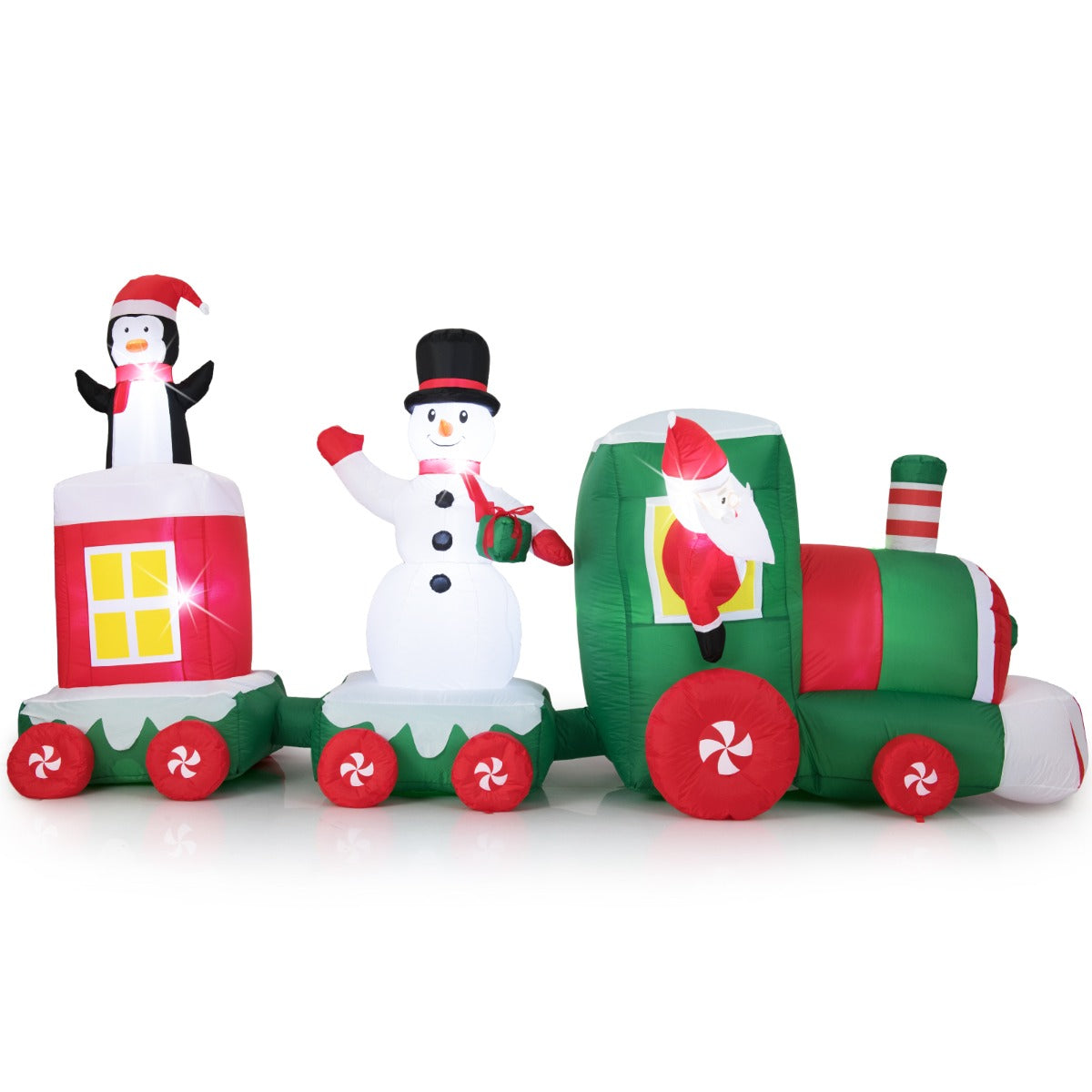 Livsk costway opblaasbare kerstman rijdt in trein met sneeuwpop kerstversiering voor in de tuin 350 cm opblaasbare kersttrein