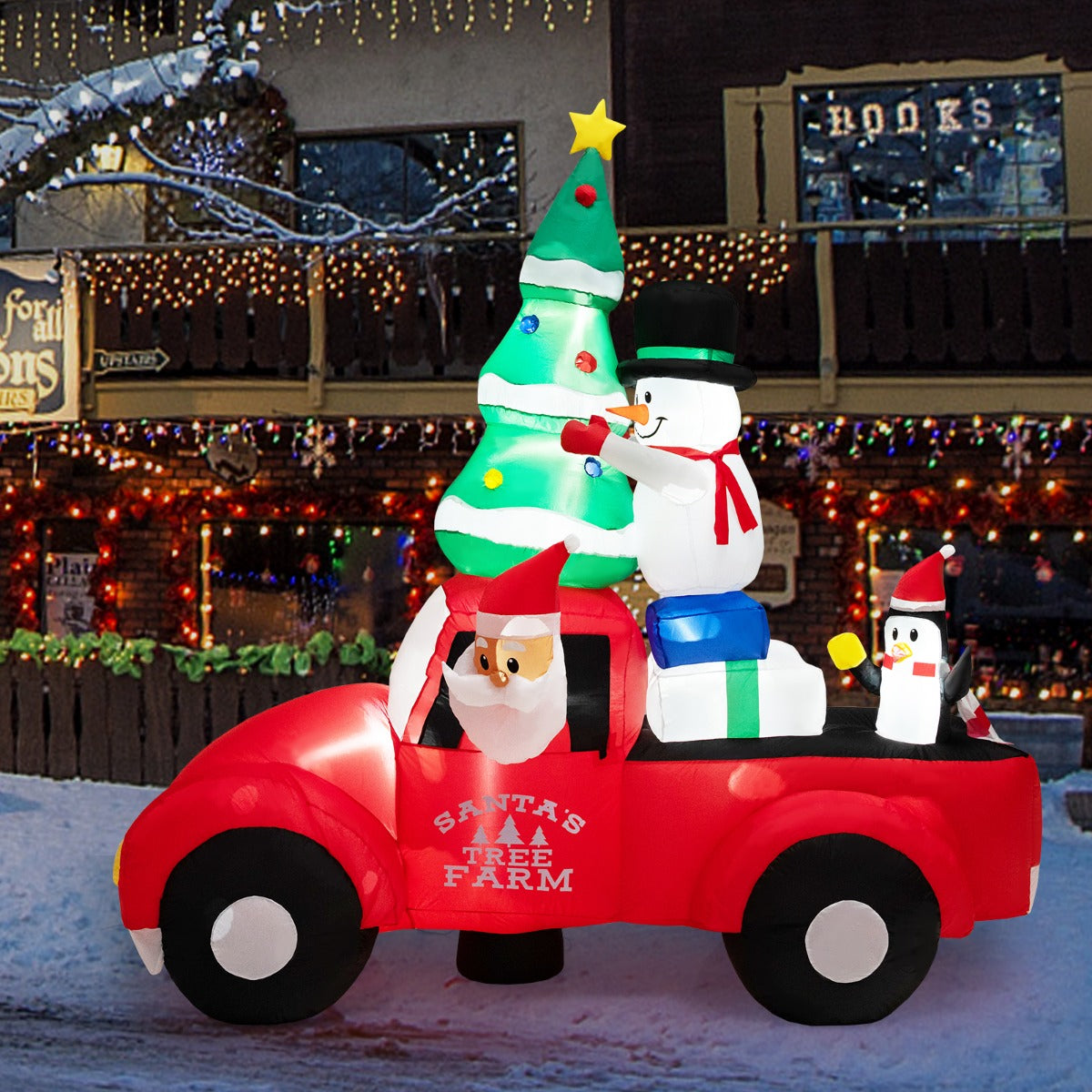 LIVSK Opblaasbare Kerstdecoratie - Kerstman in Auto met Sneeuwpop en Pinguïns - LED Verlichting - Eenvoudige Installatie -
