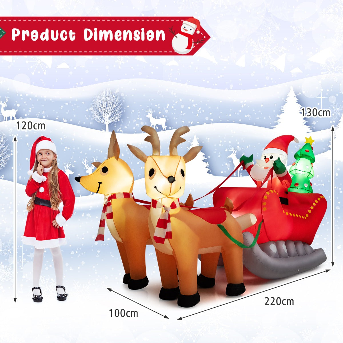LIVSK Opblaasbare Kerstman op Slee met 2 Rendieren - Inclusief LED-verlichting - Duurzaam Polyester - 220 x 100 x 130 cm -