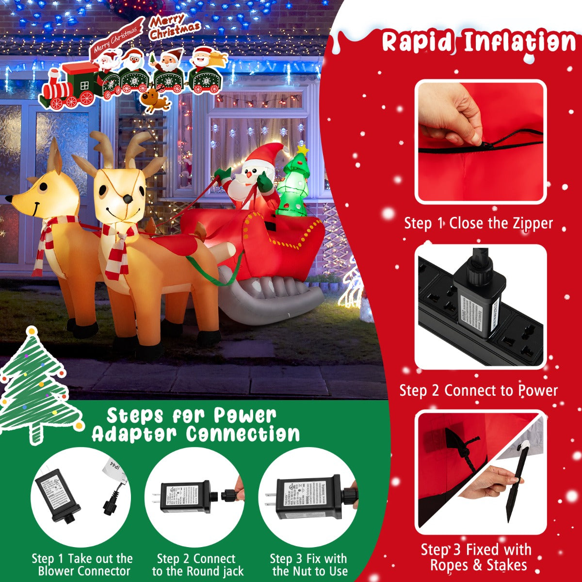 LIVSK Opblaasbare Kerstman op Slee met 2 Rendieren - Inclusief LED-verlichting - Duurzaam Polyester - 220 x 100 x 130 cm -