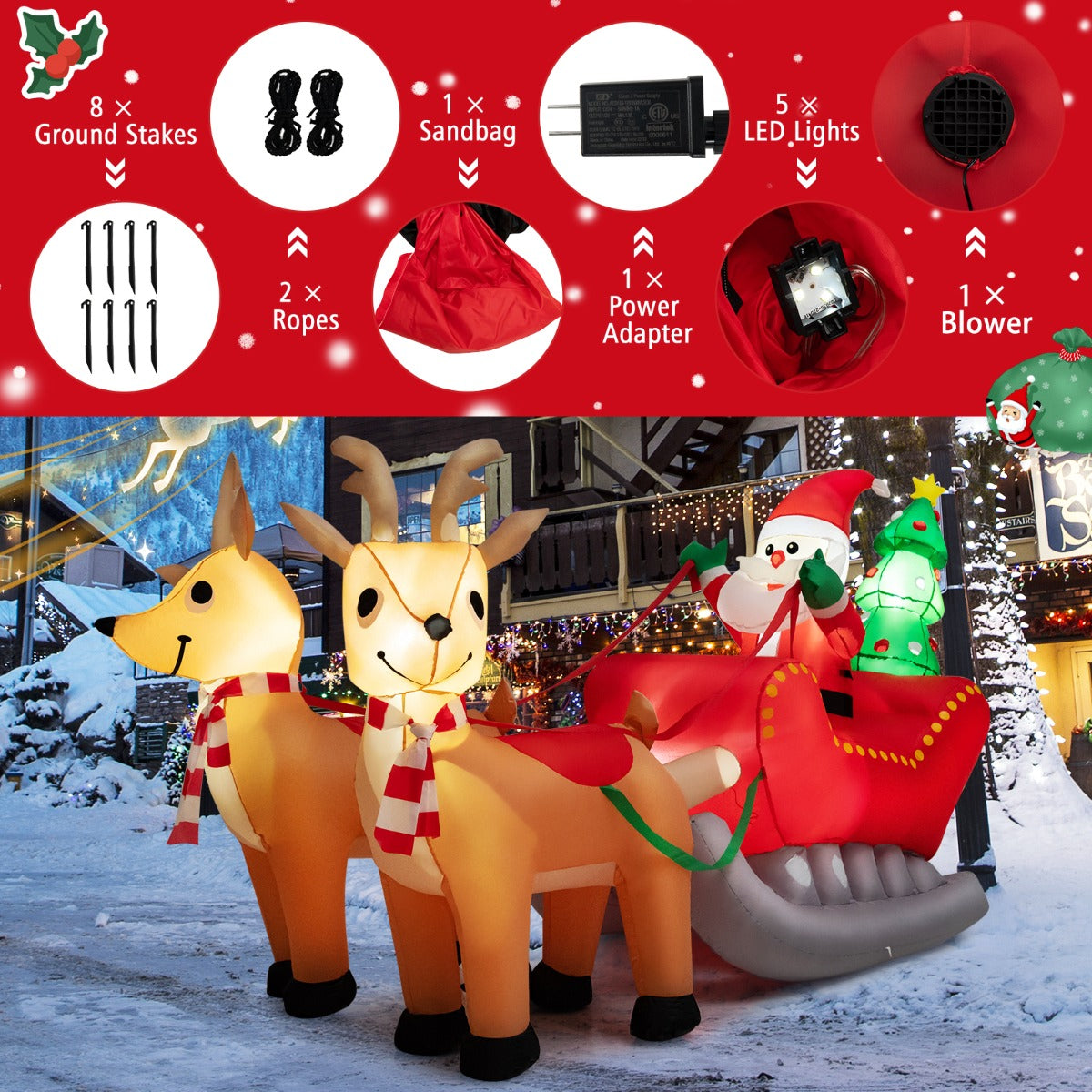 LIVSK Opblaasbare Kerstman op Slee met 2 Rendieren - Inclusief LED-verlichting - Duurzaam Polyester - 220 x 100 x 130 cm -