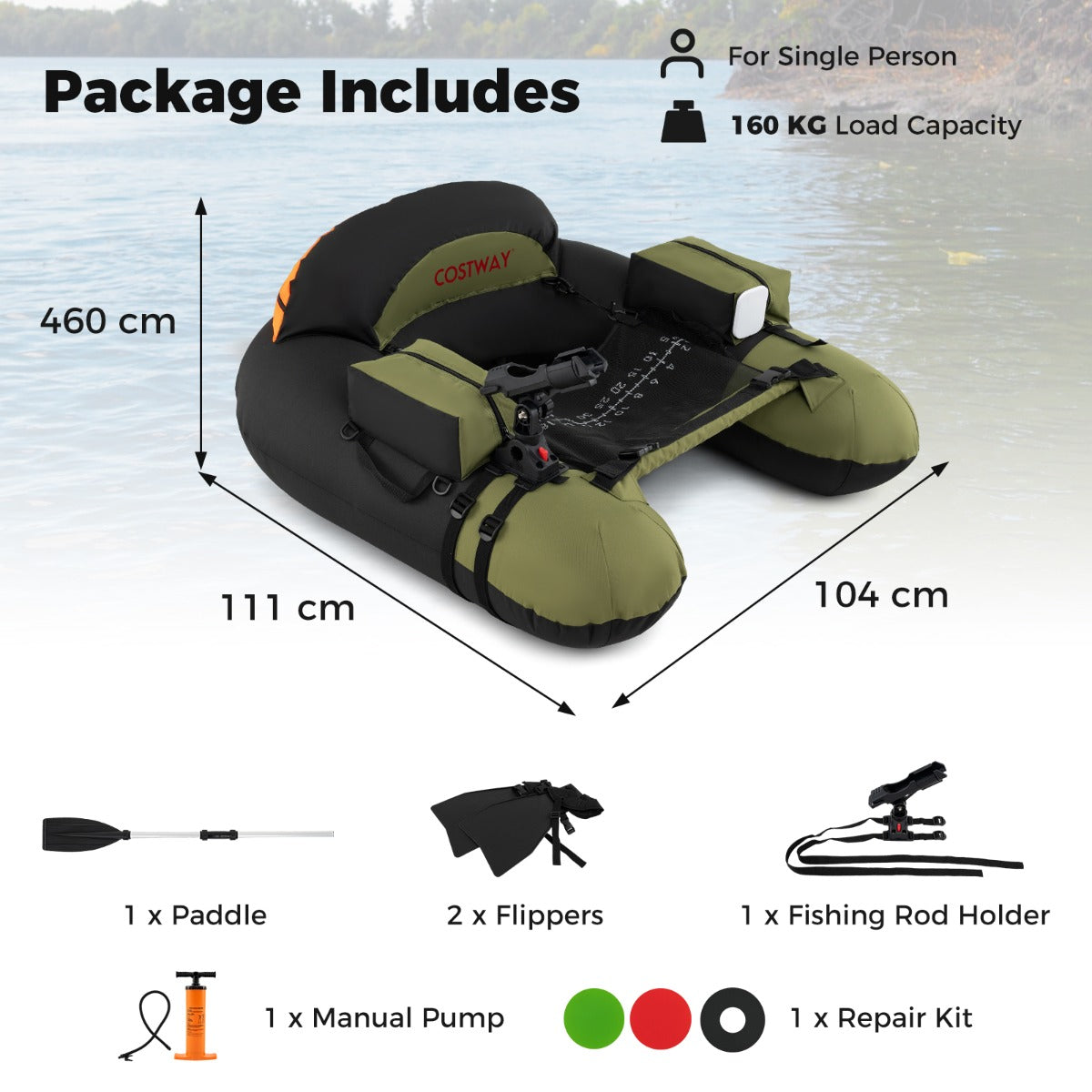 LIVSK Belly Boat - Opblaasbaar met Verstelbare Hengelhouder - Extra Opbergruimte - 150 kg - 111 x 104 x 46 cm - Groen