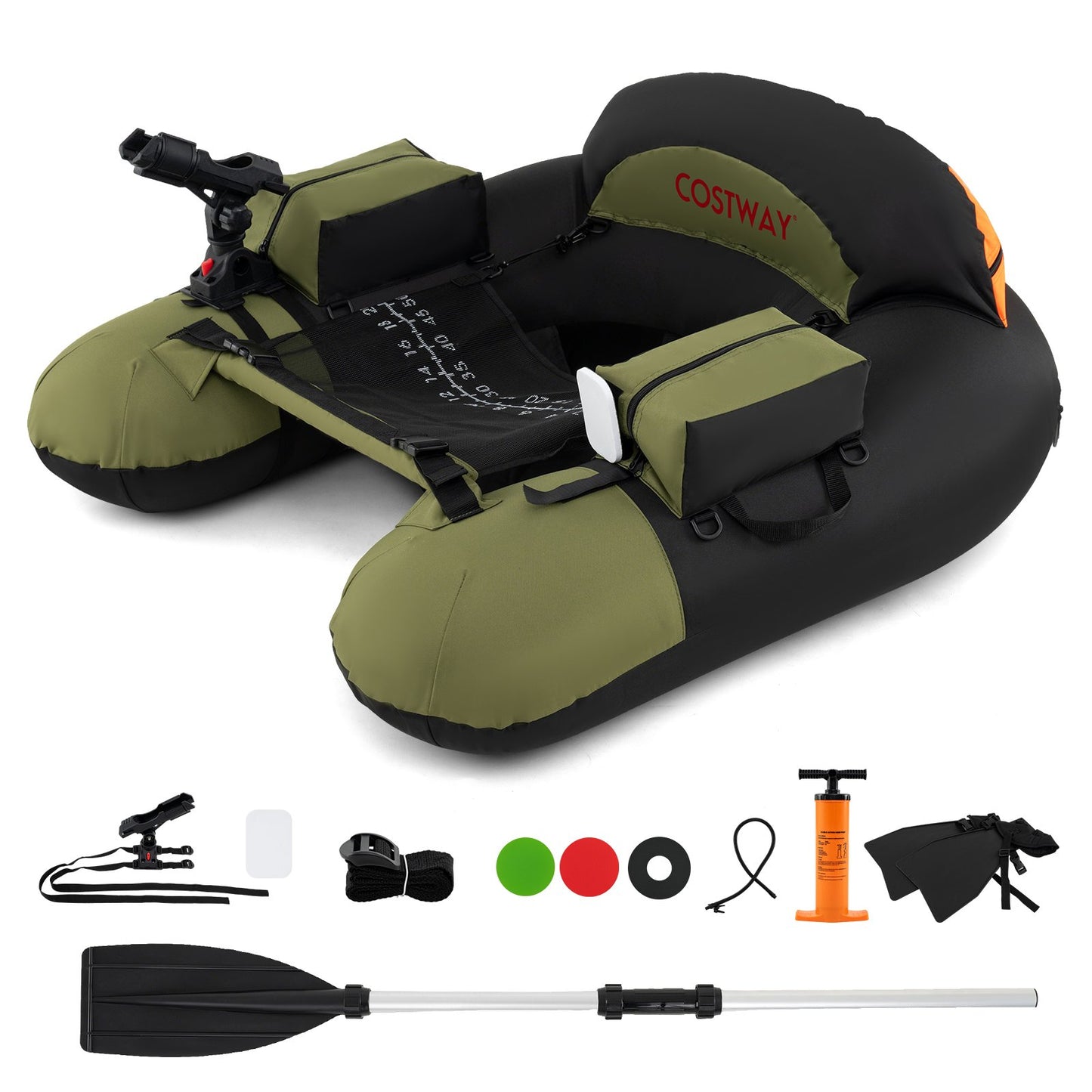 LIVSK Belly Boat - Opblaasbaar met Verstelbare Hengelhouder - Extra Opbergruimte - 150 kg - 111 x 104 x 46 cm - Groen